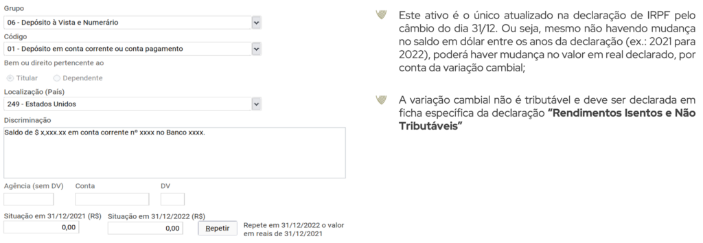 Tela exemplo de como declarar conta bancária no exterior no IRPF