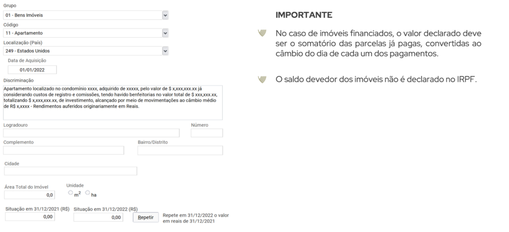 Tela exemplo de como declarar imóvel no exterior no IRPF