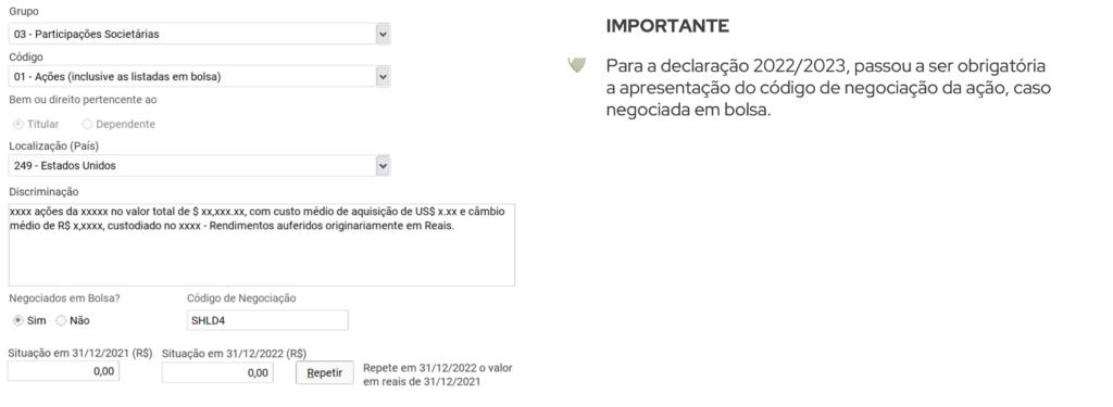 Tela exemplo de como declarar ações no exterior no IRPF