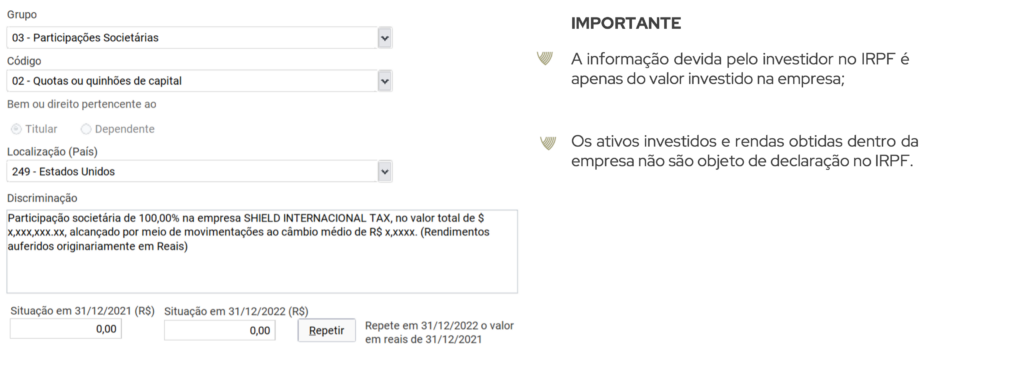 Tela exemplo de como declarar empresa no exterior no IRPF