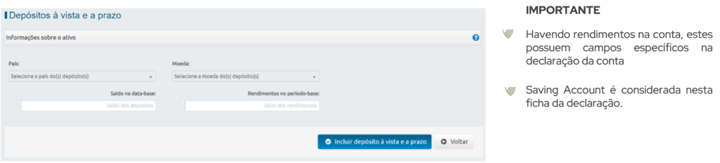 Tela exemplo de como declarar conta bancária no exterior na DCBE